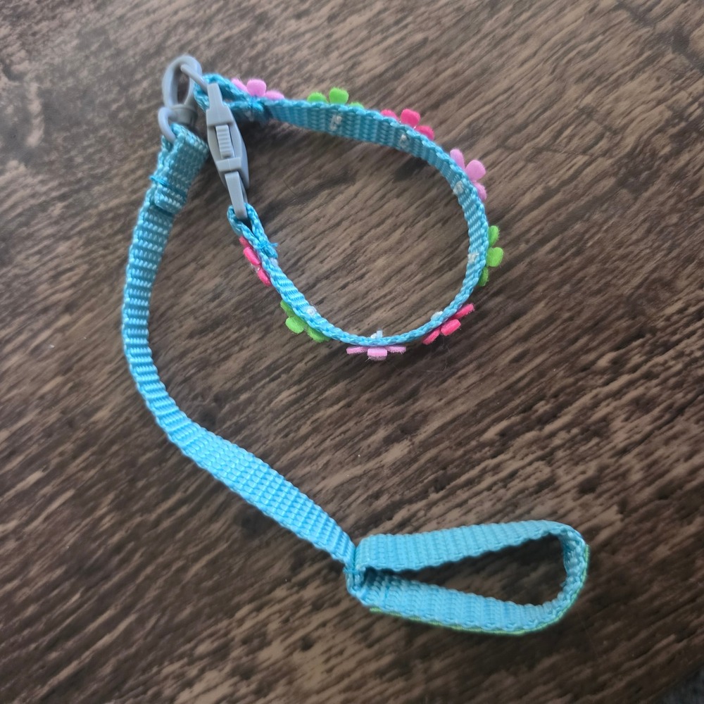 American Girl Doll Pet Leash Collar Kids Blue Floral Rhinestone Accessory